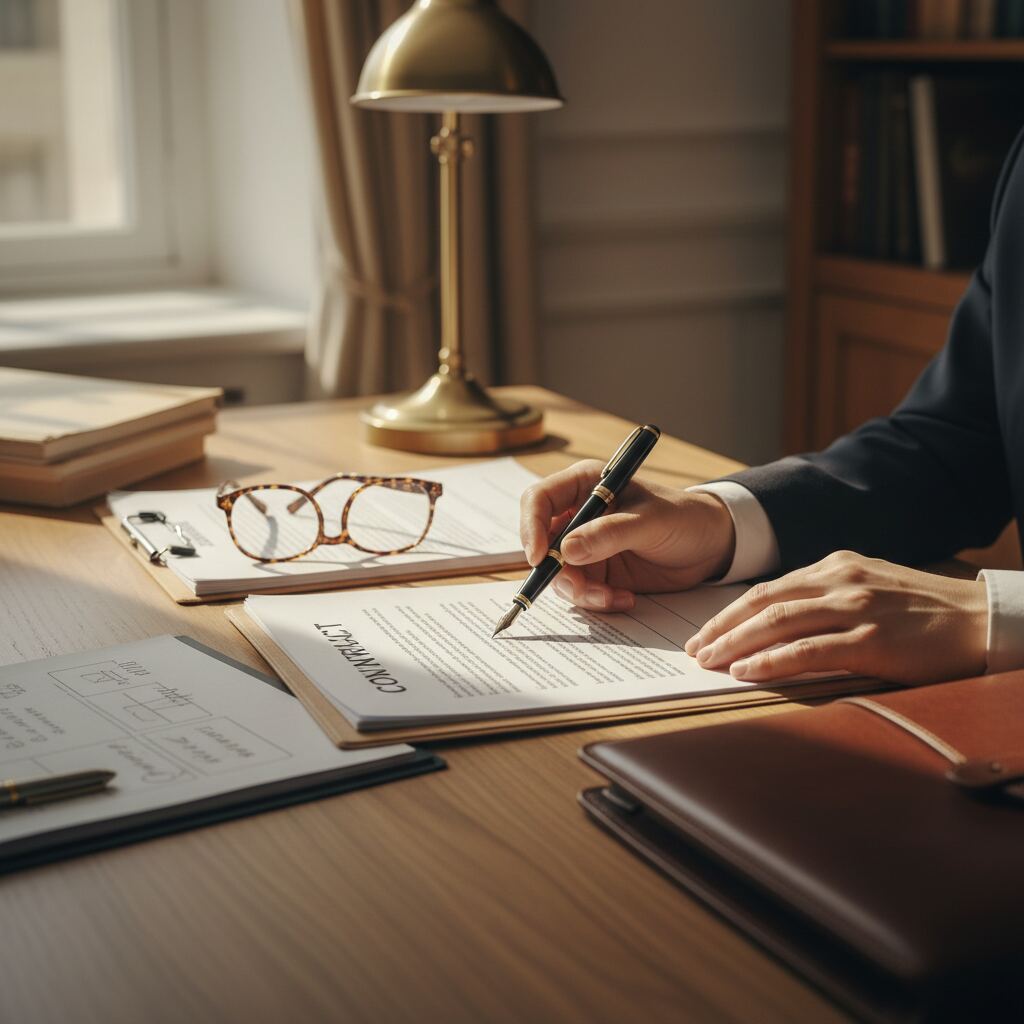 Close-up of hands reviewing legal documents with careful attention