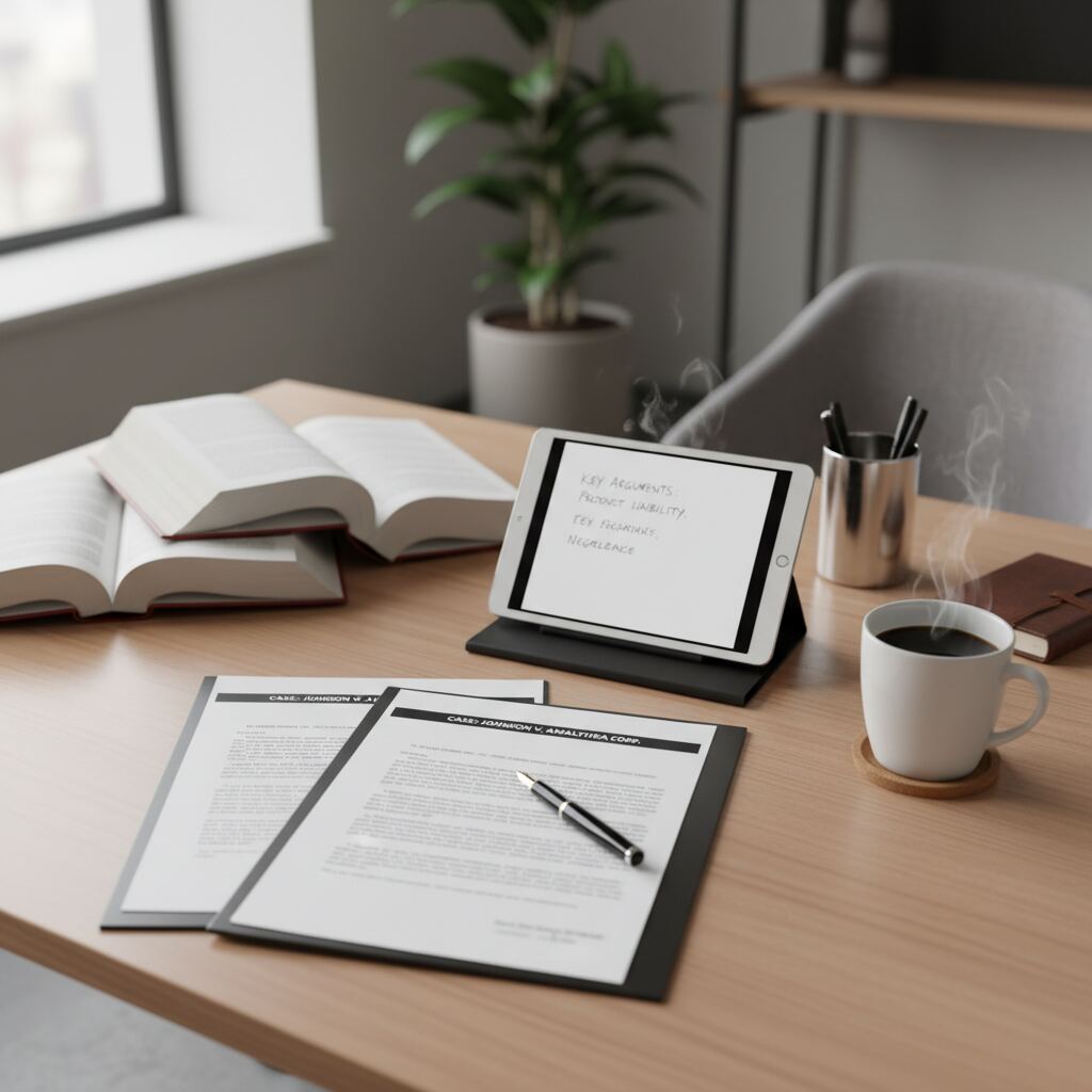 Professional law office workspace with organized documents and law books